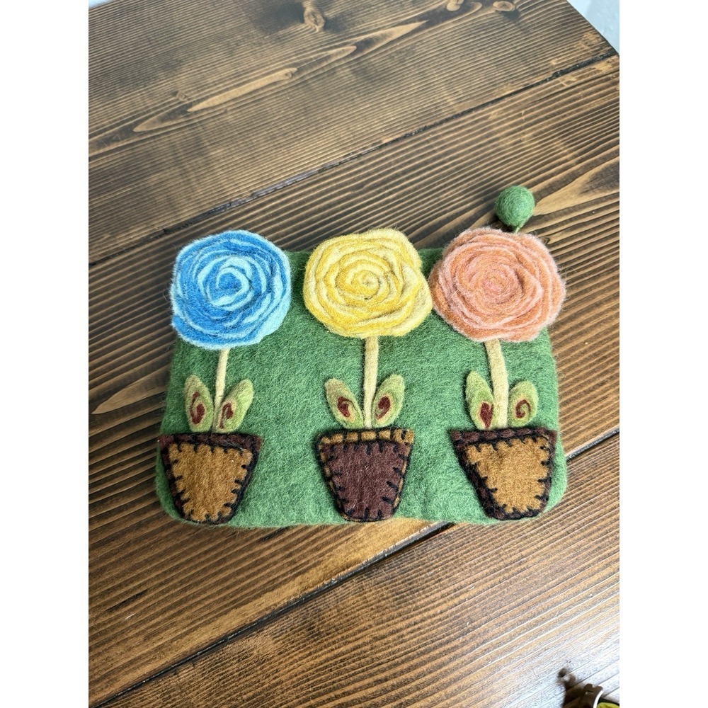 Rising Tide Zip Pouch Spring Flowers Felted Wool Clutch Bag Cosmetic Hand Made‎